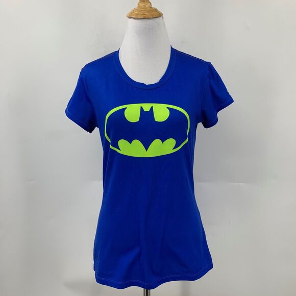 Under Armour T Shirt Women S Small Surf Blue Fitted Batman Logo Heatgear Wicking - Picture 2 of 12